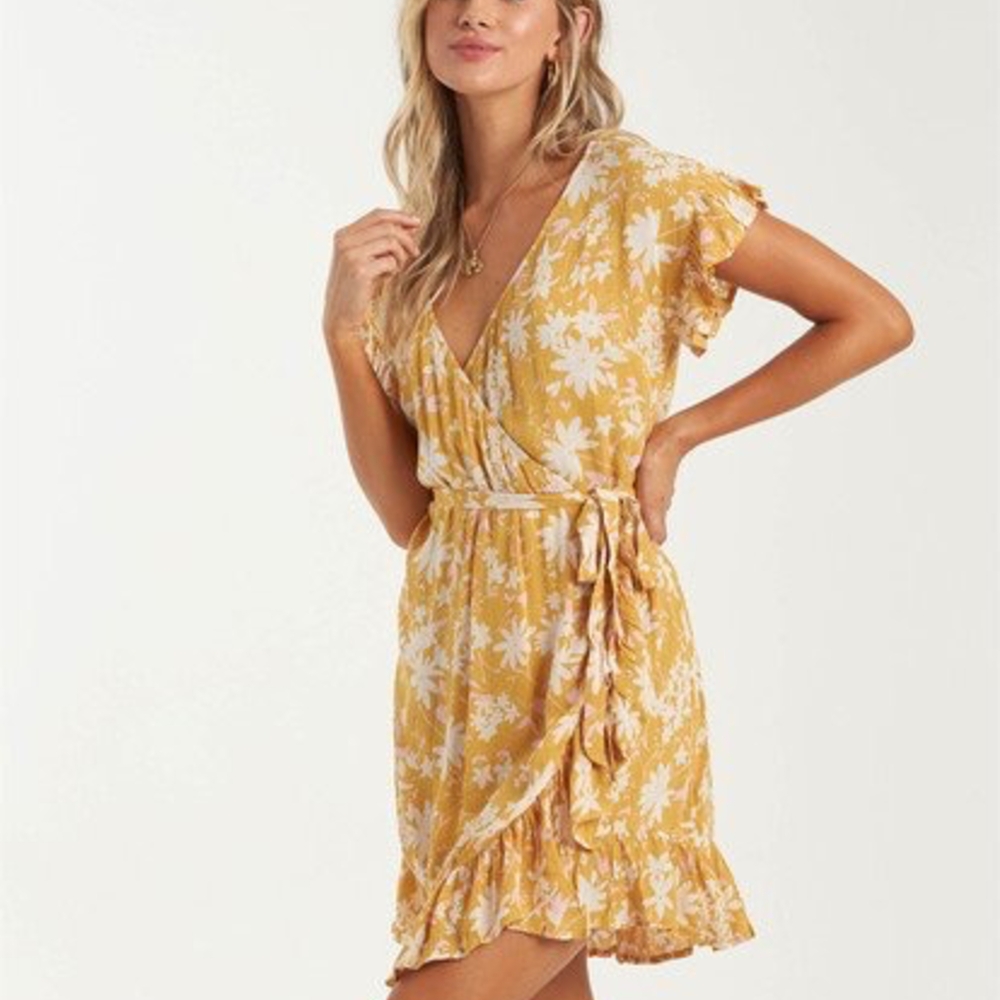 Billabong Yellow and White Floral Wrap Mini Dress